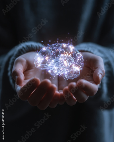 Futuristic image of human hands holding a digital and shining brain
