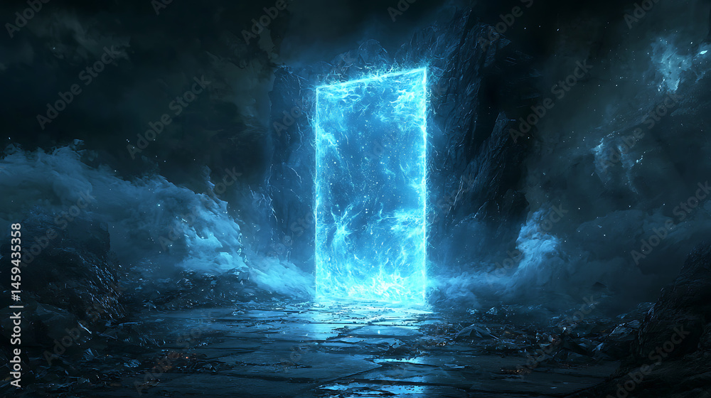Obraz premium A blue, glowing, open door in a dark, stormy sky