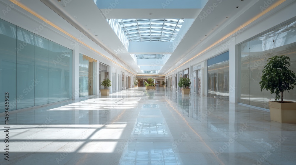 Fototapeta premium Empty shopping mall corridor with modern design, bathed in soft natural light. Minimalist urban space evoking tranquility and solitude. 