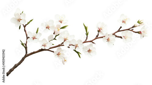 Almond flower with small white flowers and green leaves, Almond flower with small white flowers and greenness, Almond white flowers among green leaves, on a transparent backgrounds