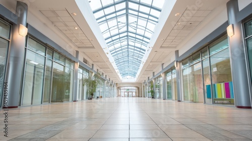 Empty shopping mall corridor with modern design  bathed in soft natural light. Minimalist urban space evoking tranquility and solitude. 