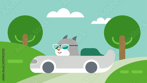 Squirrel on the Road This vector image depicts a stylish squirrel wearing trendy black sunglasses confidently gripping the steering wheel of a sleek silver sports car. The scene