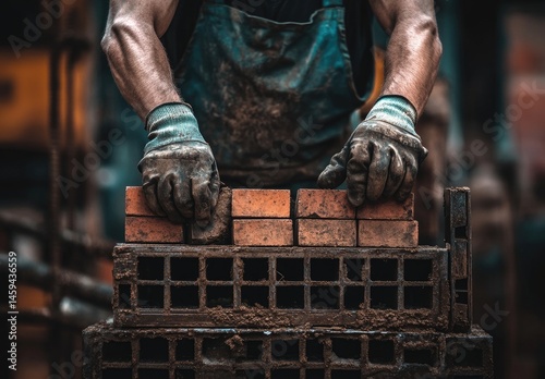 Close-up of worker's hands placing bricks in a bricklaying grid.  Muddy, worn work clothes and gloves are visible