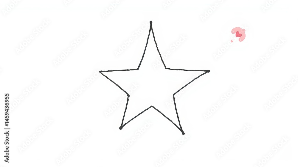 Fototapeta premium A simple hand-drawn five-pointed star illustration on a white background with a small pink watercolor splatter.