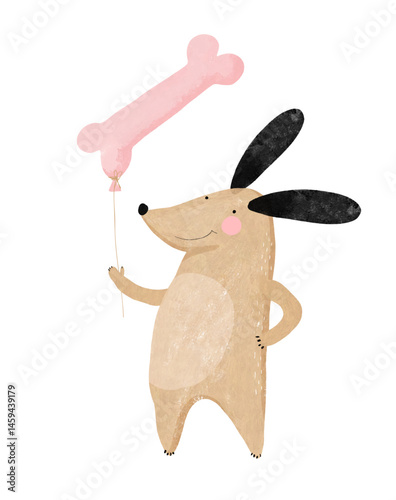 Birthday Vector Card with Happy Dog And Pastel Pink Air Balloon Of Bone Shape. Funny Dog ​​Holding A Bone Balloon Standing On a White Background. Lovely Hand Drawn Nursery Art with Sweet Puppy. 