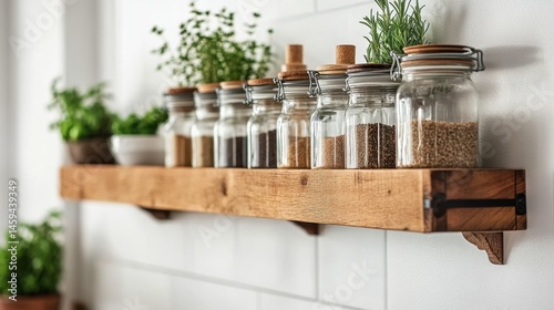 A wooden spice rack holding glass jars in a farmhouse kitchen