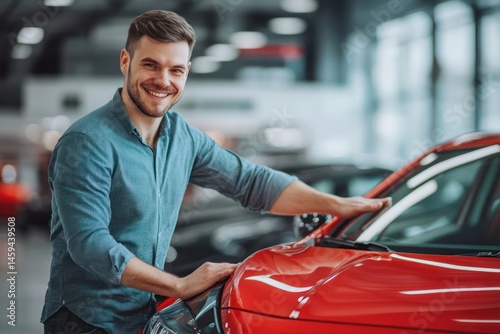 Happy Man with New Car in Dealership Showroom