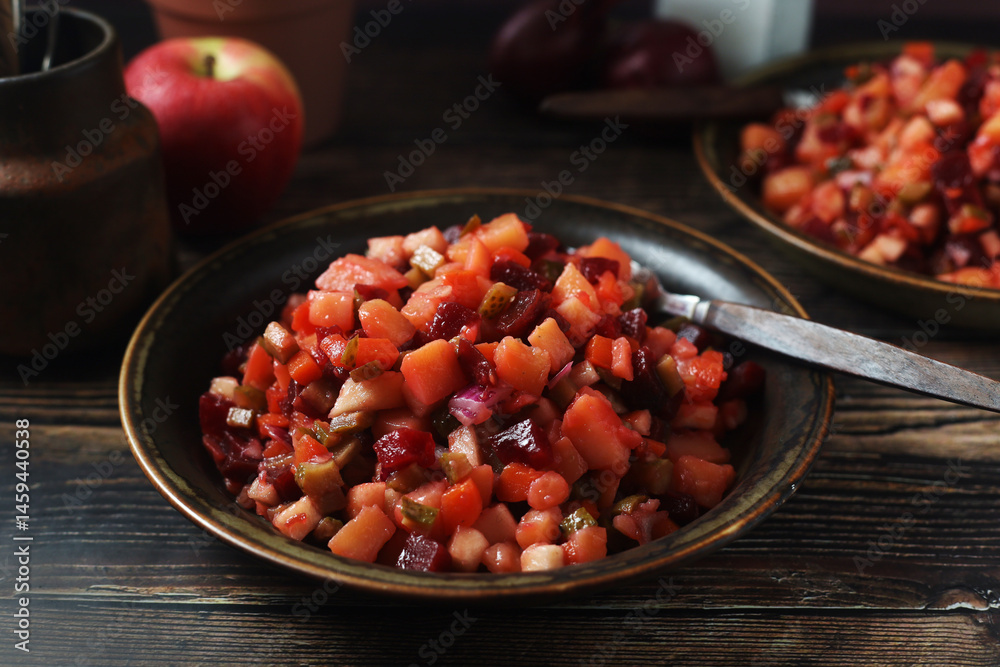 A bowl with traditional Rosolli salad, Finnish cuisine