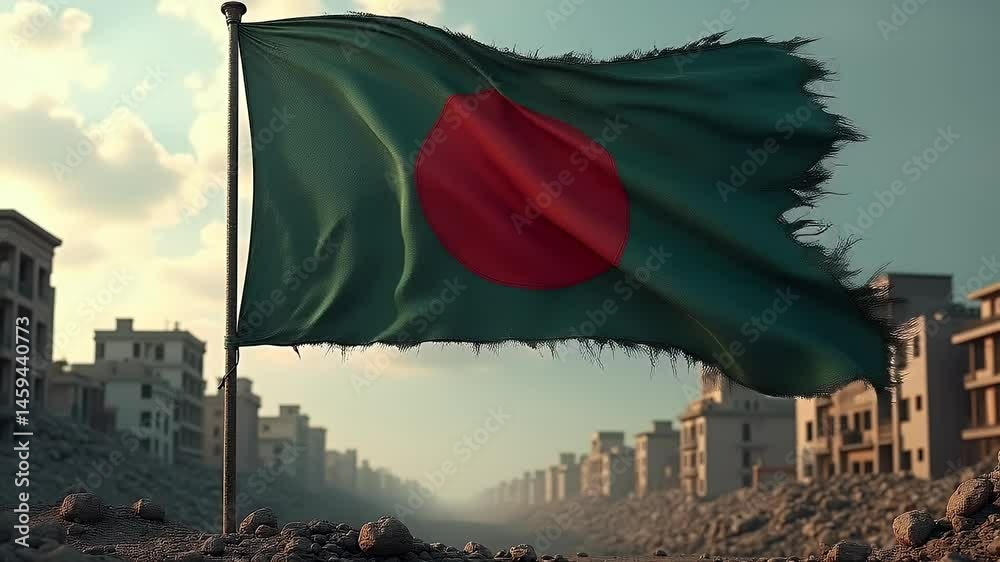 Weathered and Torn Flag Symbolizing Resilience and Victory Amidst War-Torn City Ruins in 3D Rendering
