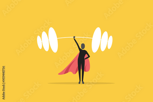 Businessman hero show his strength by easy lifting heavy weight