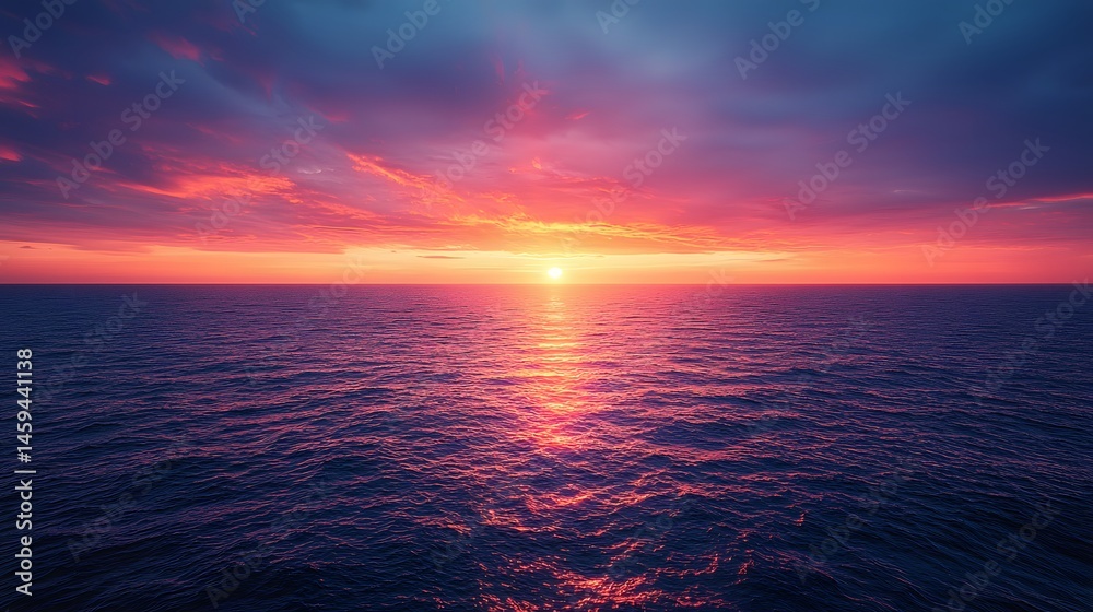 Fototapeta premium Vibrant sunset over calm ocean with pink orange sky and reflection on water