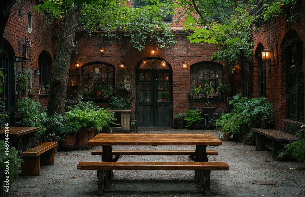 Brick courtyard cafe, lush plants, picnic table, quiet ambiance, relaxing outdoor space Brick courtyard cafe, lush plants, picnic table, quiet ambiance, relaxing outdoor space