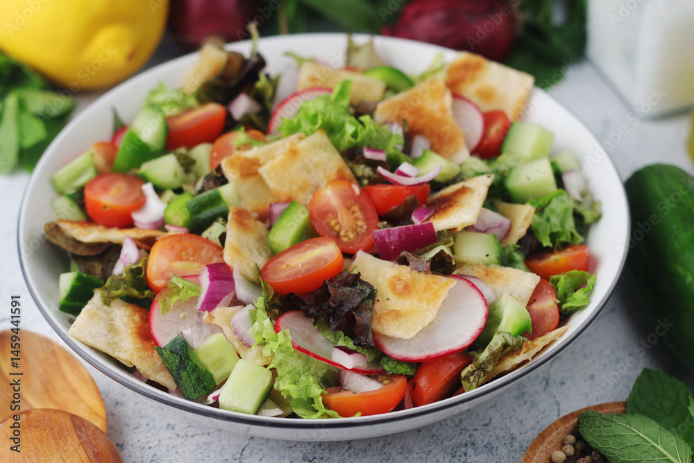A bowl with Fattoush - Traditional Levantine salad