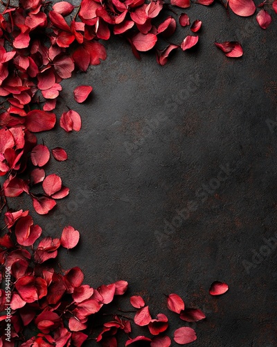 A black background with red petals scattered around it