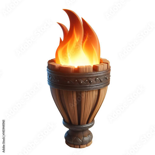 a 3D wooden torch fire medieval isolated on white background