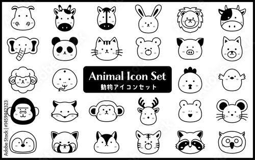 かわいい動物　顔　アイコン　セット　モノクロ	
