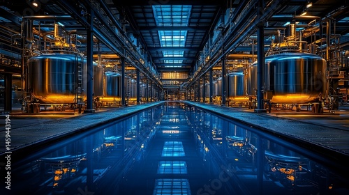 The facility is a modern industrial site equipped with large storage tanks and luminous lighting