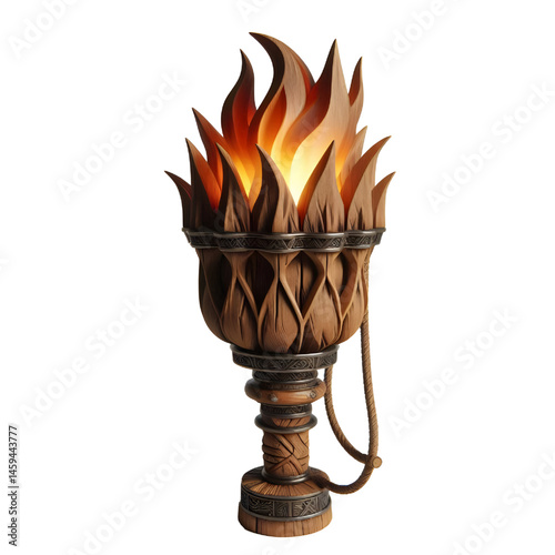 a 3D wooden torch fire medieval isolated on white background