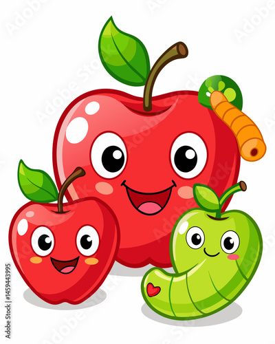 Cute Cartoon Apples and Worms Illustration