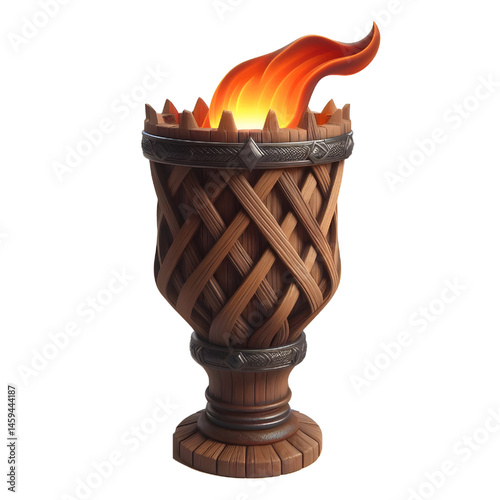 a 3D wooden torch fire medieval isolated on white background
