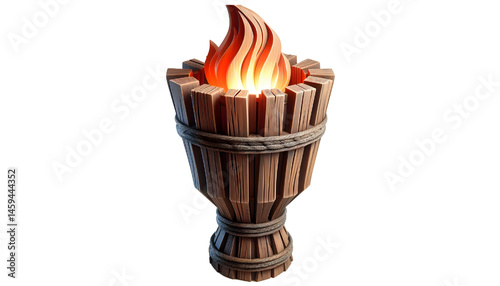 a 3D wooden torch fire medieval isolated on white background