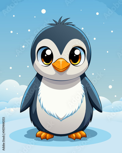 Adorable Cartoon Penguin in Snowy Winter Landscape