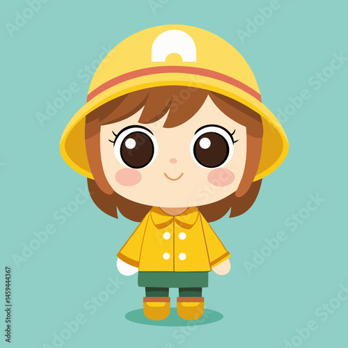 Cute Cartoon Girl Wearing Yellow Raincoat and Hat
