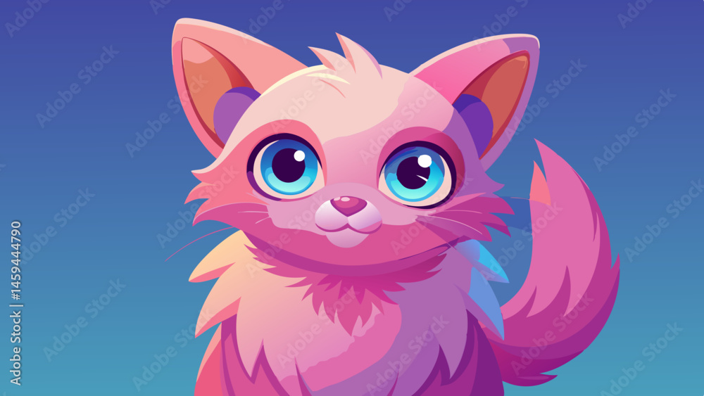 Fototapeta premium Adorable Pink Kitten with Big Blue Eyes Cartoon Illustration