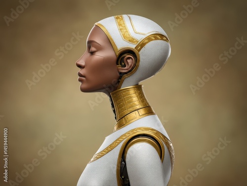 AI-generated elegant female android side profile showcasing intricate gold and white design elements complemented by a smooth skin texture and soft lighting that adds depth to the sculpture like