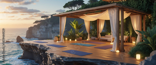 Yoga and meditation platform with ocean view featuring peaceful sunset setting.
