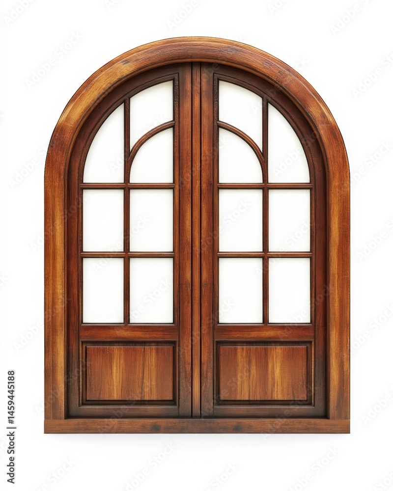 Obraz premium Wooden arched double doors with paned glass