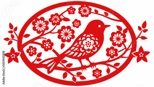 Red Bird on Branch with Flowers in Circular Paper Cut Design