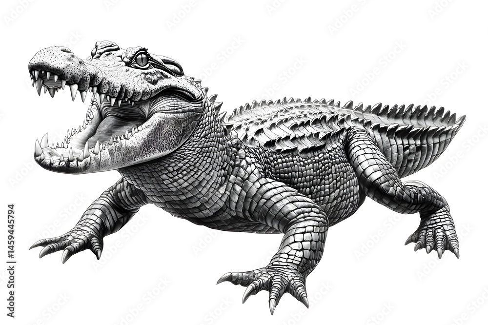 Fototapeta premium Pencil drawing of an angry, fierce and vicious crocodile, showing its fangs from a side view, white background