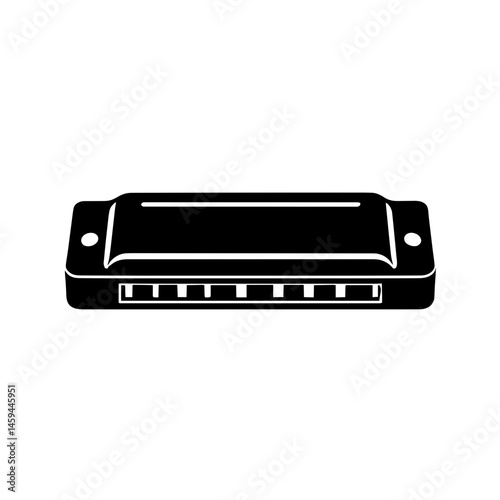 Minimalist black silhouette of a harmonica on a white background