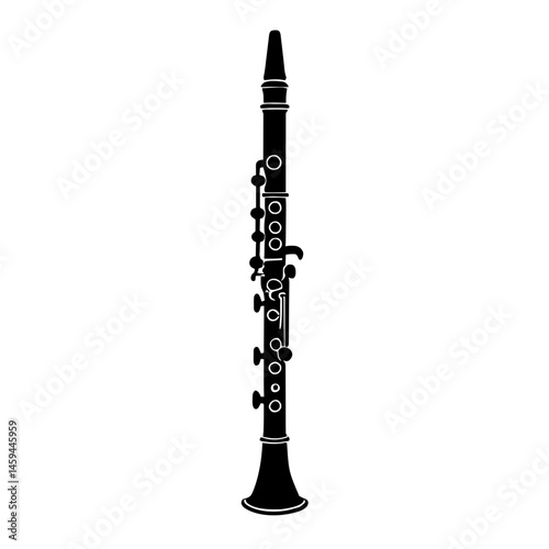 Minimalist black silhouette of a clarinet on a white background