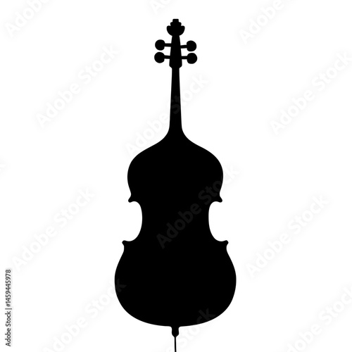 Minimalist black silhouette of a cello on a plain white background