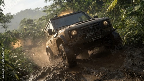 Military Off-Road Vehicle Navigating Dense Jungle Terrain with Muddy Conditions