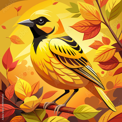 Yellow Bird Perched on Branch Autumn Leaves Background