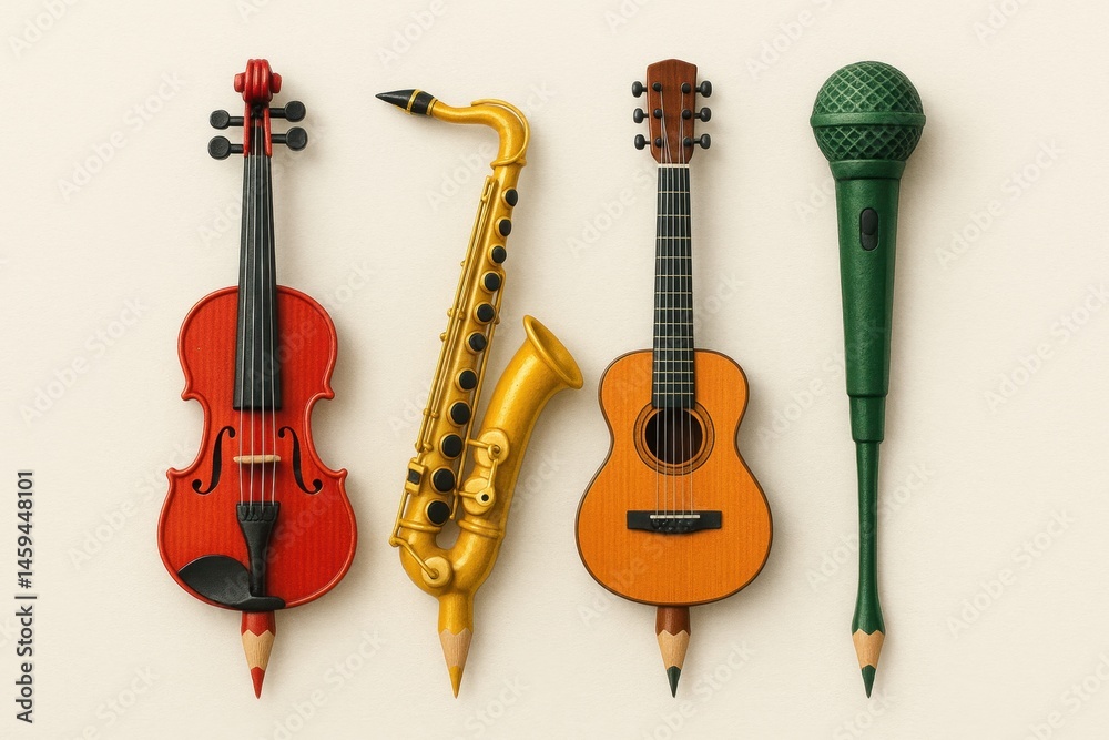 Fototapeta premium Colored pencils shaped like musical instruments.