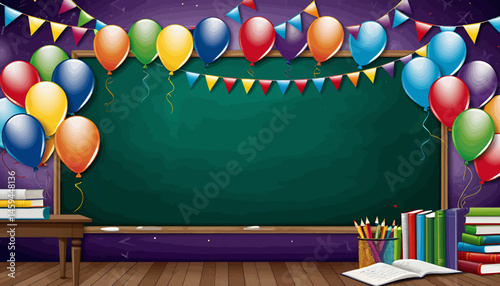 Festive Classroom Scene with Balloons and Chalkboard_Back to School Celebration_Educational Background with Books and Pencils_Perfect for Learning and Fun_