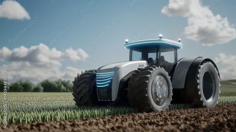 Obraz premium Modern autonomous tractor plowing a field under blue skies, no people in sight.