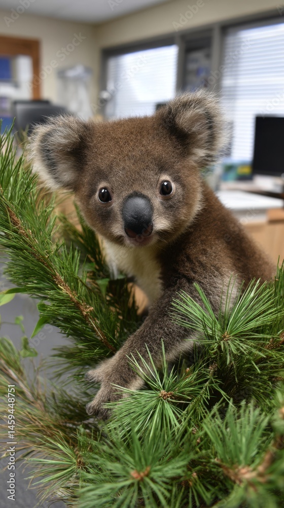 Obraz premium Young koala sits among pine branches in an office with bright eyes and fluffy ears looking at the viewer