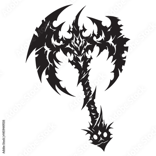 Epic Demonic Axe silhouette, brutal design and form – Demonic Axe illustration – Minimalist Demonic Axe vector – Weapon silhouette

