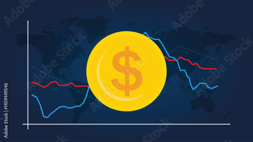 Global Inflation crisis, world economic recession chart, dollar coin, line graph on blue color background, Stock market interest rate and consumer prices change