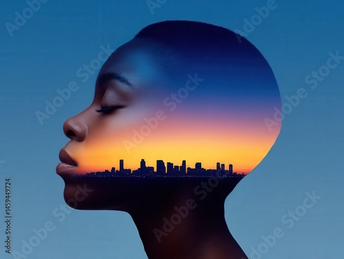 Artistic profile silhouette of a woman against a vibrant sunset city skyline capturing the essence of dreams, urban aspiration, and creative identity within a stunning visual composition