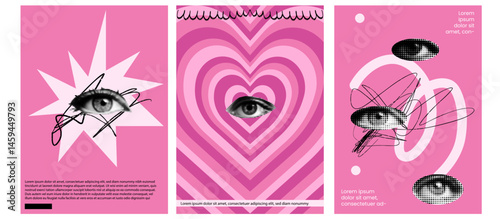 Set of collage posters with halftone eyes and black handdrawn ink scribbles. Trendy textures and bold pink bg. Zine dadaism style. Love romantic theme.