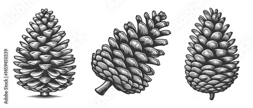 Pine Cone set collection bundle sketch engraving generative ai vector illustration. Scratch board imitation. Black and white image.