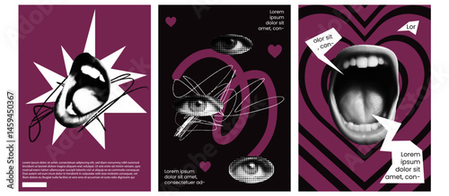 Set of collage posters with halftone eyes and black handdrawn ink scribbles. Trendy textures and bold pink bg. Zine dadaism style. Love romantic theme