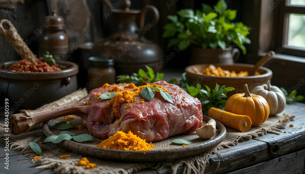 Obraz premium Preparing Meat Dish with Herbs and Spices on Wooden Table