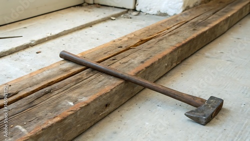 A pry bar placed beside an old board